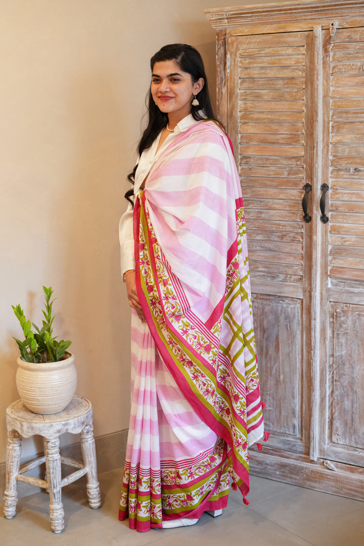 Garden of Grace Hand Block Print Mulmul Cotton Saree