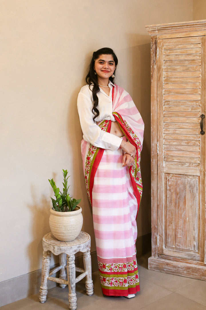 Garden of Grace Hand Block Print Mulmul Cotton Saree