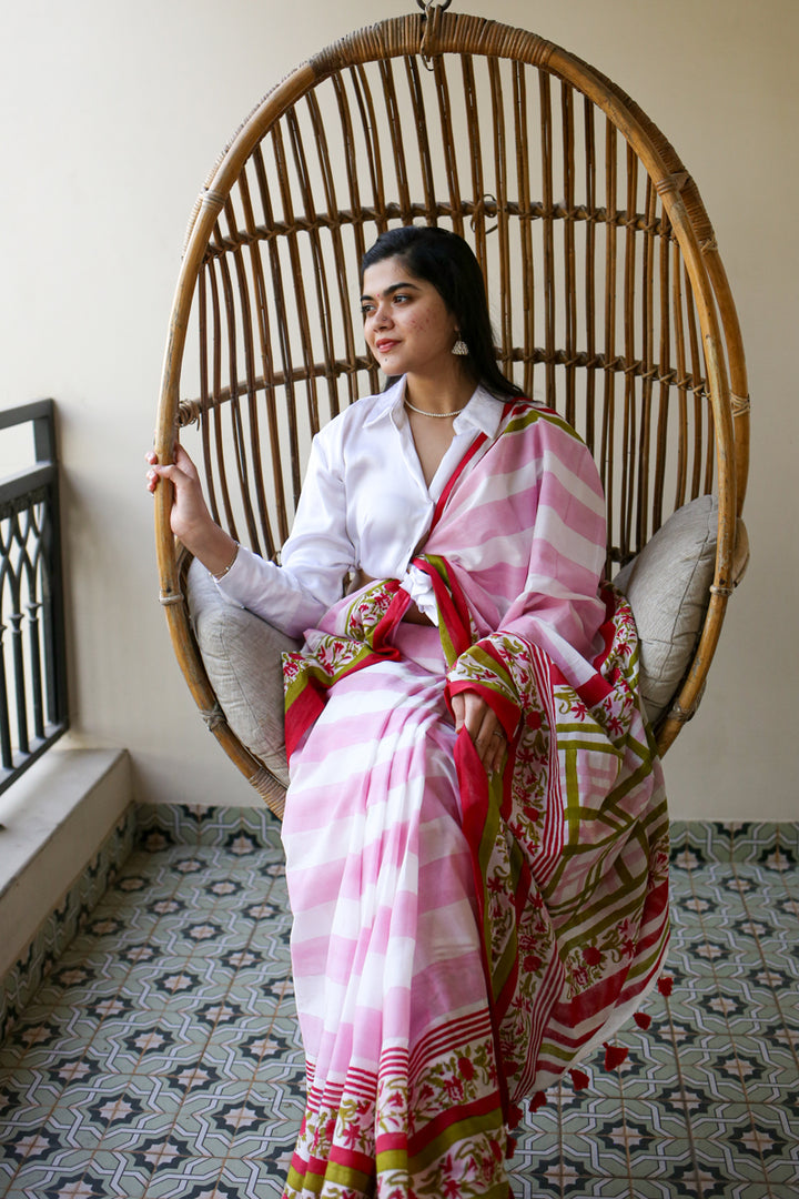 Garden of Grace Hand Block Print Mulmul Cotton Saree