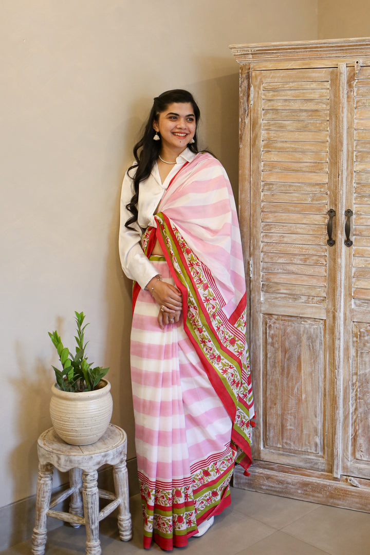 Garden of Grace Hand Block Print Mulmul Cotton Saree