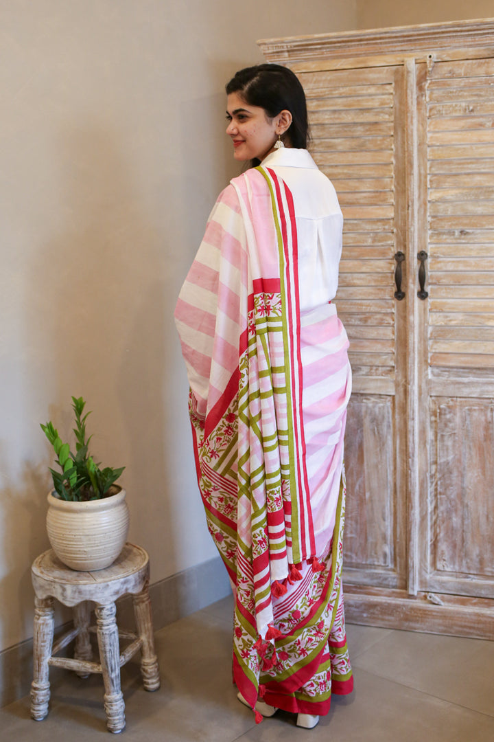 Garden of Grace Hand Block Print Mulmul Cotton Saree