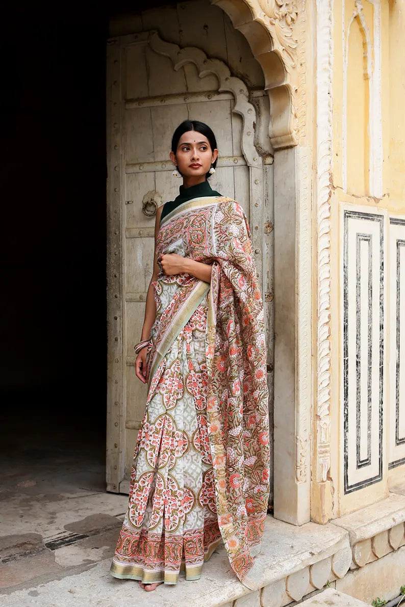 Garden of Symphony - Hand Block Print Maheshwari Silk Saree