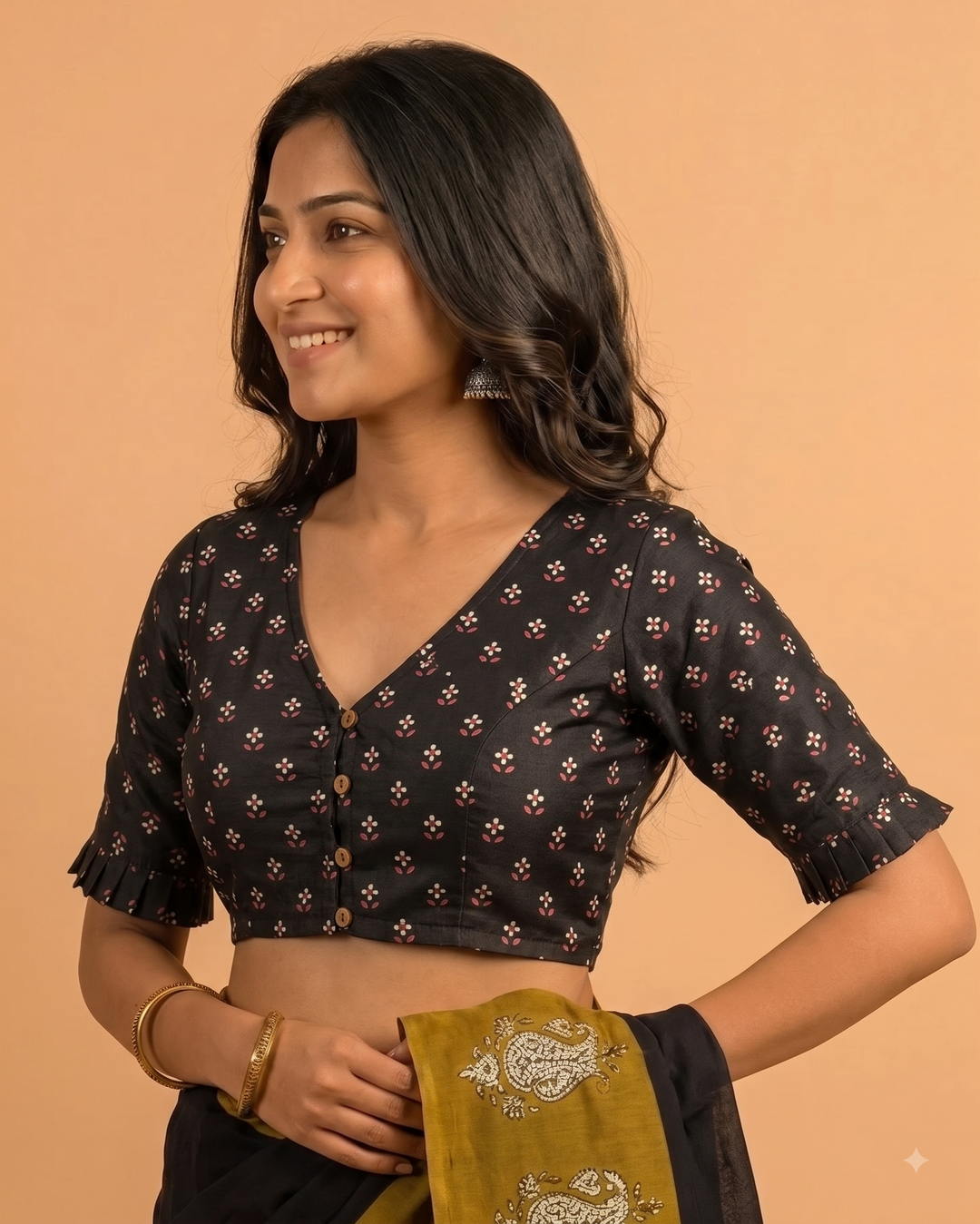 9AM button down blouse with elbow sleeve - Black