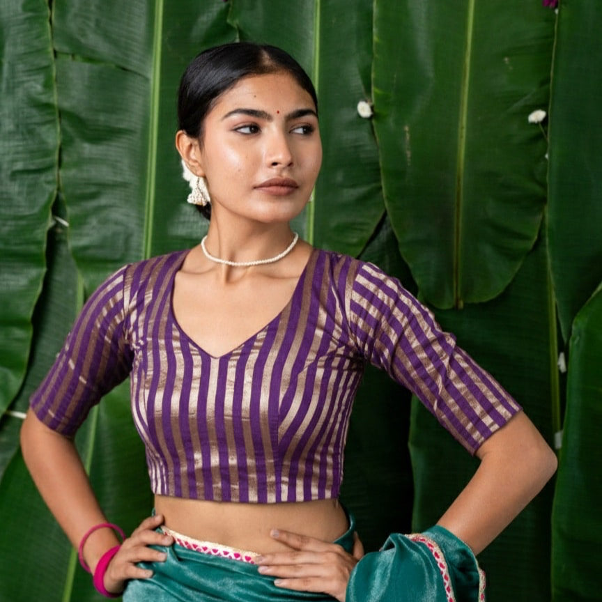 Keya - Purple Chanderi Striped Elbow Sleeve Blouse with back bow
