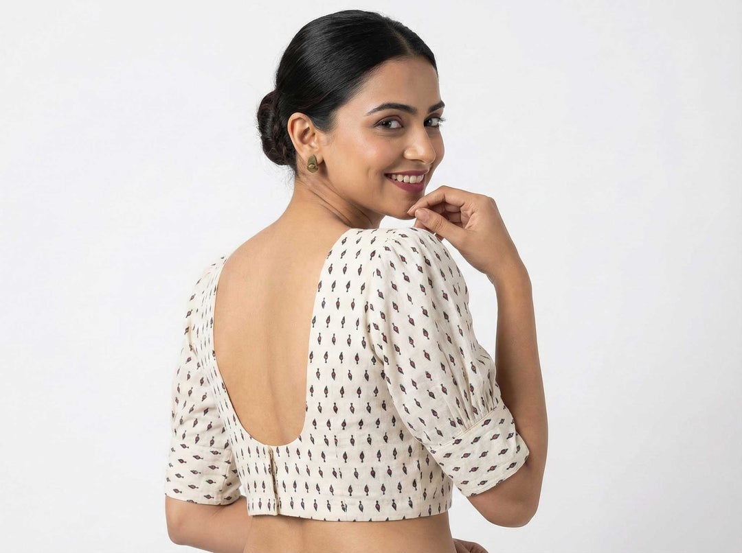 Modern Ease Off White Cotton Blouse with Gathered Sleeve