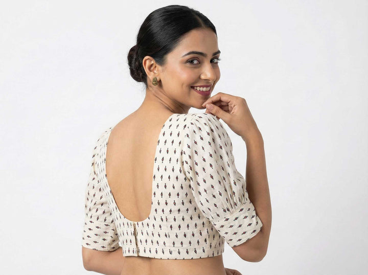 Modern Ease Off White Cotton Blouse with Gathered Sleeve