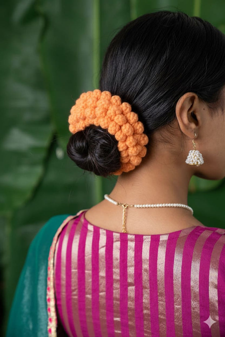 Crochet Flower Gajra Scrunchie Handmade Orange