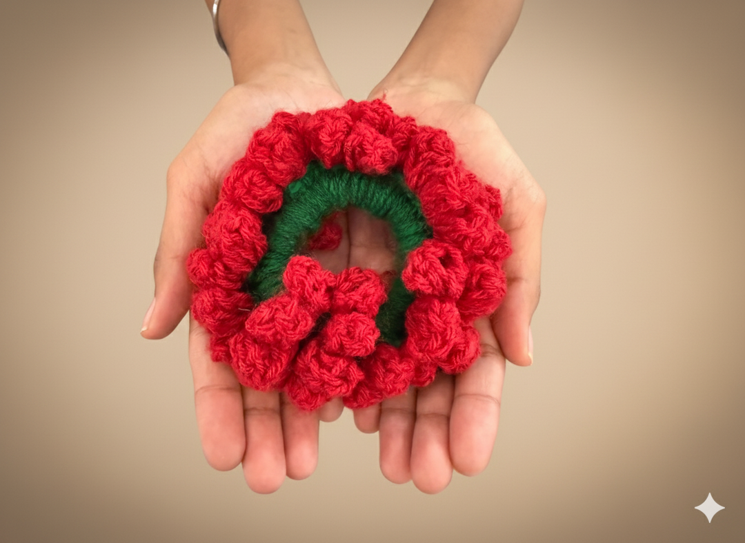 Crochet Flower Gajra Scrunchie Handmade Red