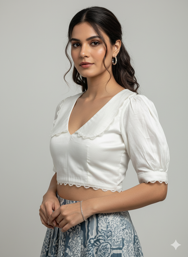 Vintage White Satin V-neck Blouse with Peter Pan Collar & Puff Sleeves