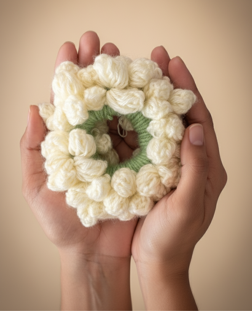 Crochet Flower Gajra Scrunchie Handmade White