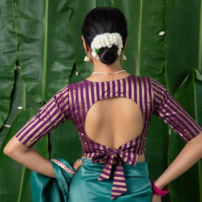 Keya - Purple Chanderi Striped Elbow Sleeve Blouse with back bow
