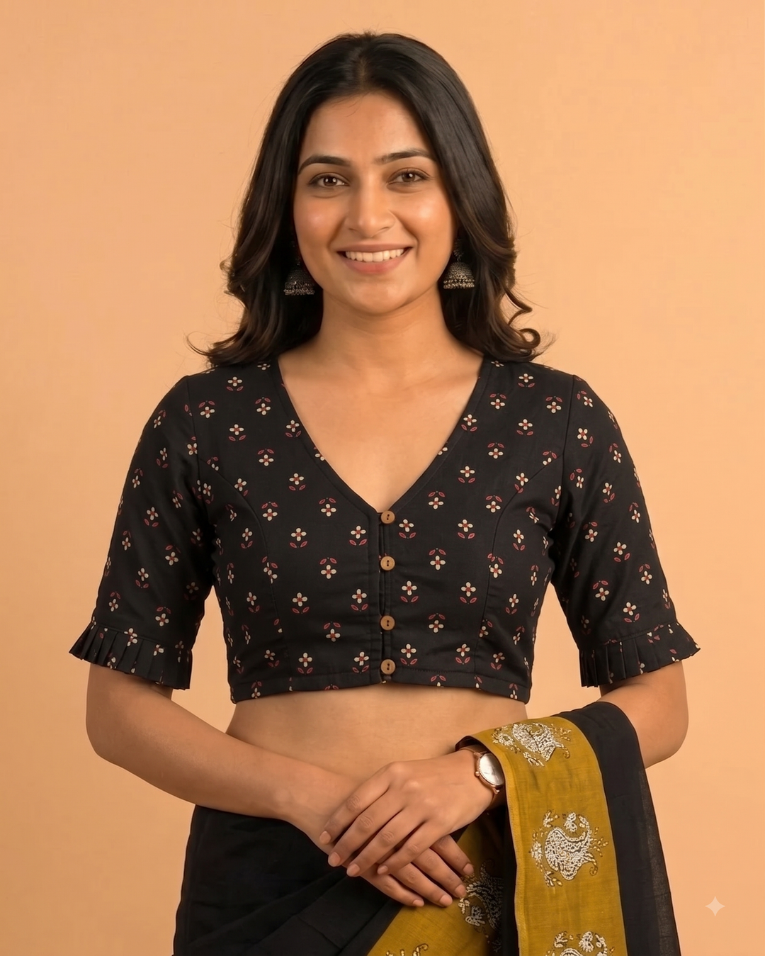 9AM button down blouse with elbow sleeve - Black