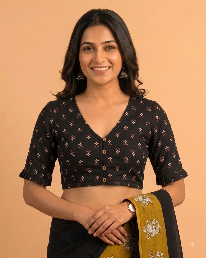 9AM button down blouse with elbow sleeve - Black