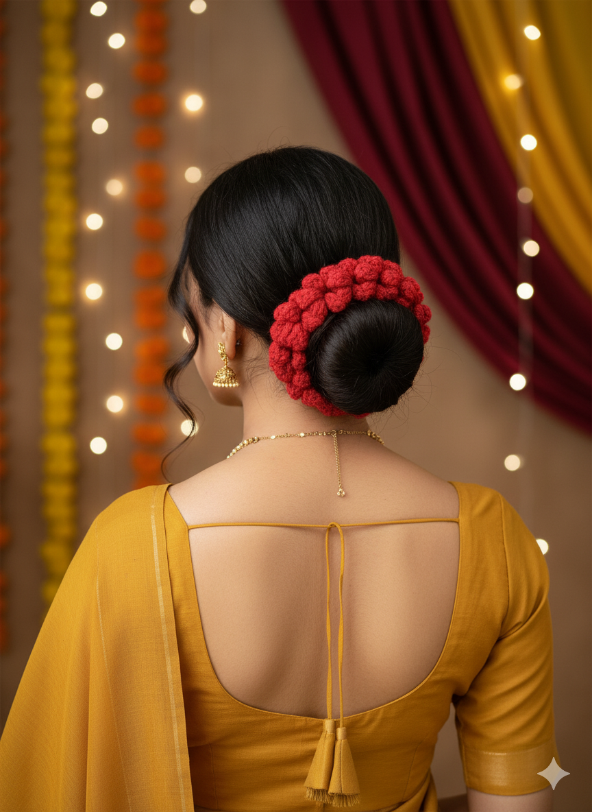 Crochet Flower Gajra Scrunchie Handmade Red