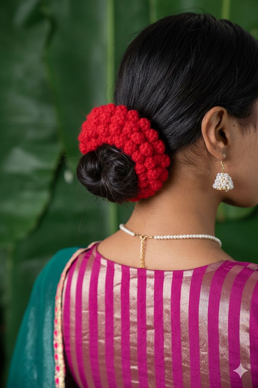 Crochet Flower Gajra Scrunchie Handmade Red