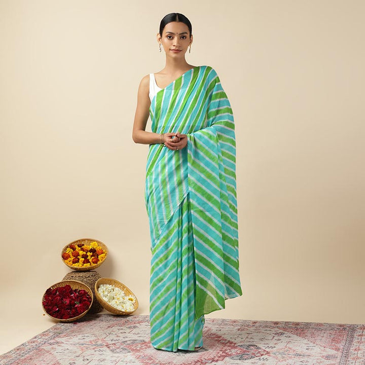 Aqua Green Leheriya Tie-dye Mulmul Cotton saree