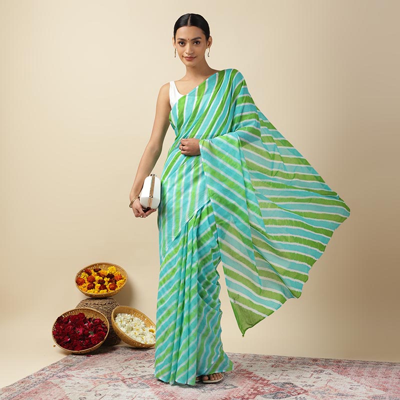 Aqua Green Leheriya Tie-dye Mulmul Cotton saree