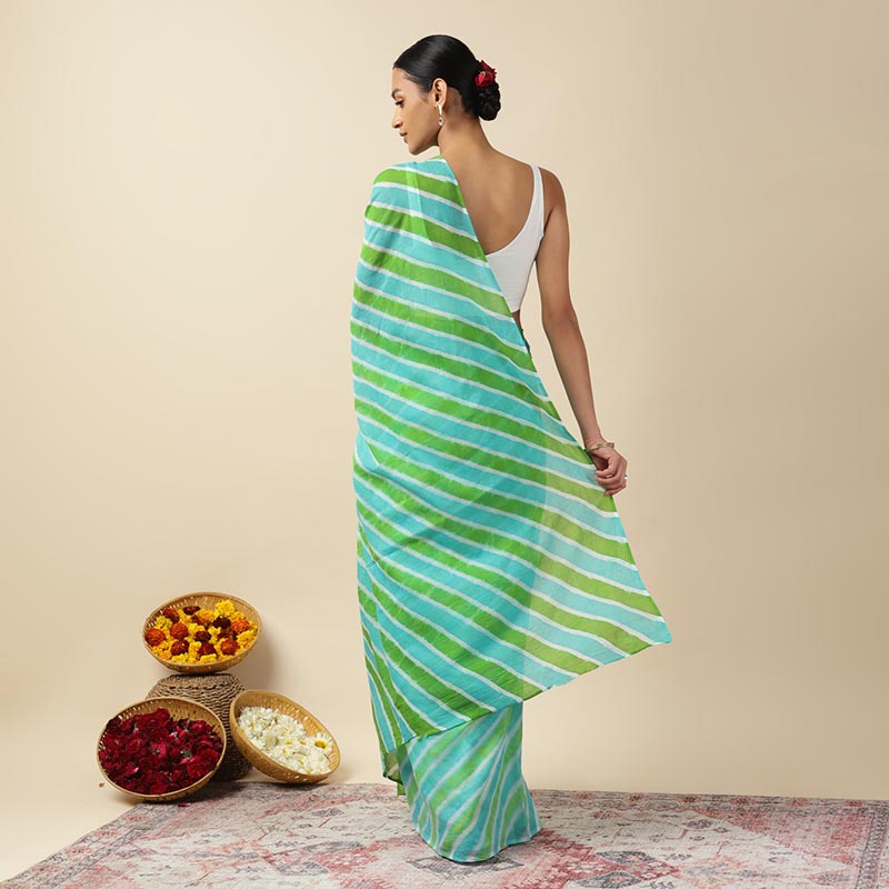 Aqua Green Leheriya Tie-dye Mulmul Cotton saree