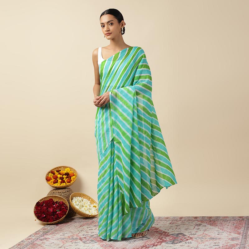 Aqua Green Leheriya Tie-dye Mulmul Cotton saree