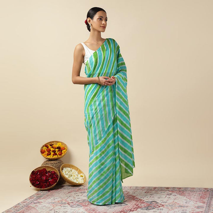 Aqua Green Leheriya Tie-dye Mulmul Cotton saree