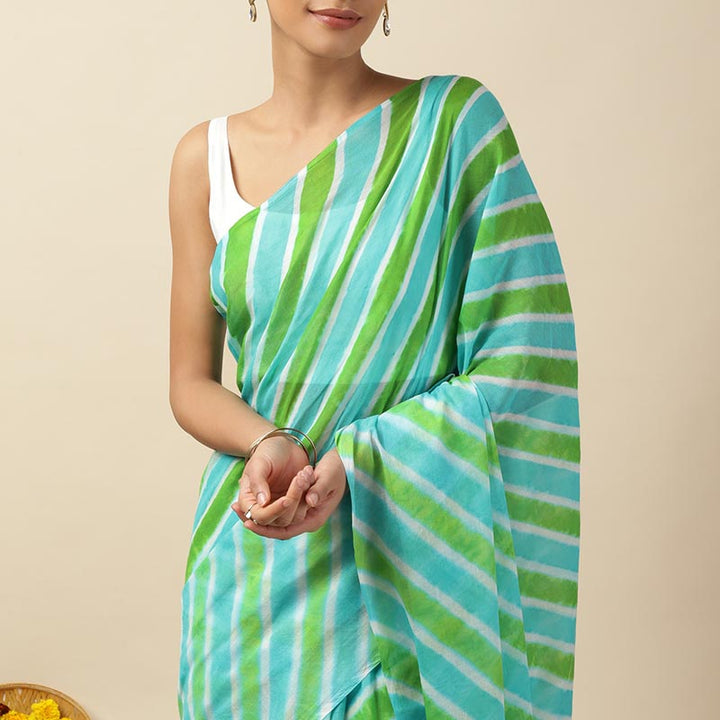 Aqua Green Leheriya Tie-dye Mulmul Cotton saree