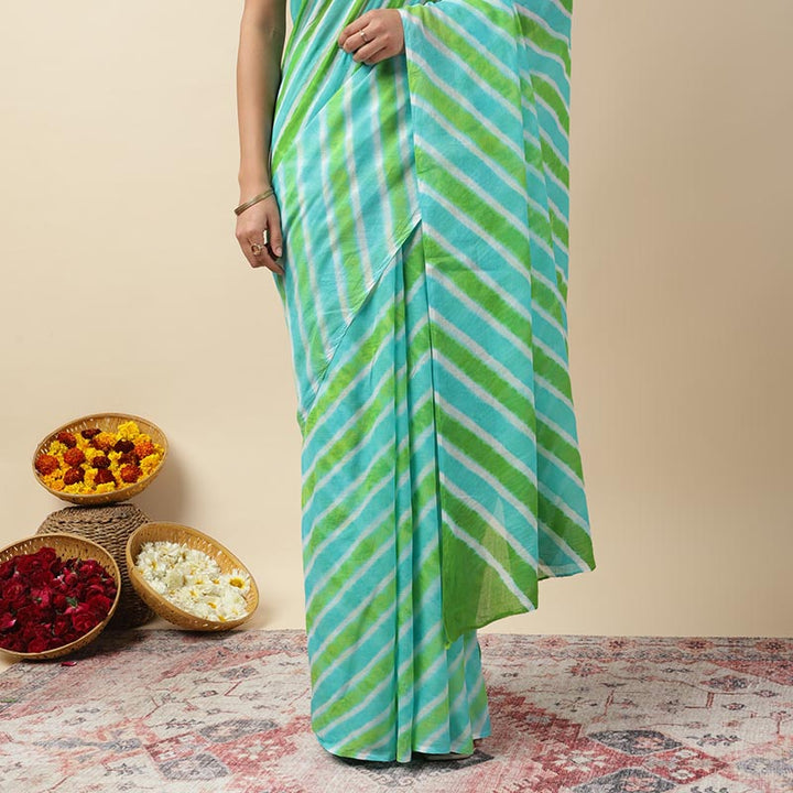 Aqua Green Leheriya Tie-dye Mulmul Cotton saree