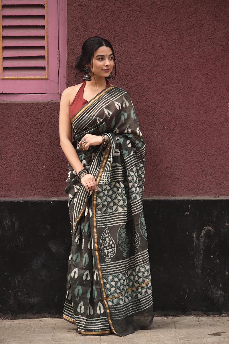 Grey & Green - Hand Block Print Chanderi Silk Bagru Saree