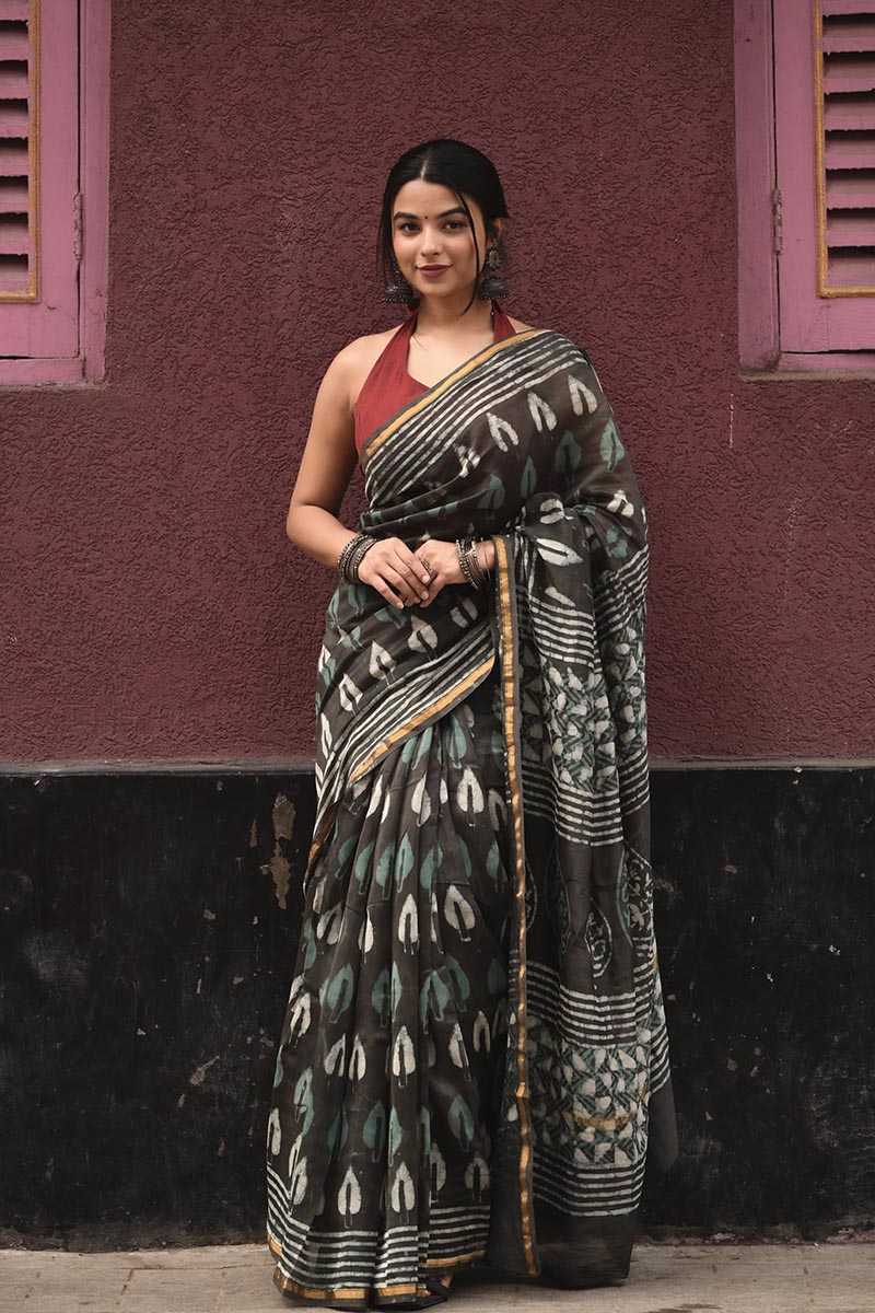 Grey & Green - Hand Block Print Chanderi Silk Bagru Saree