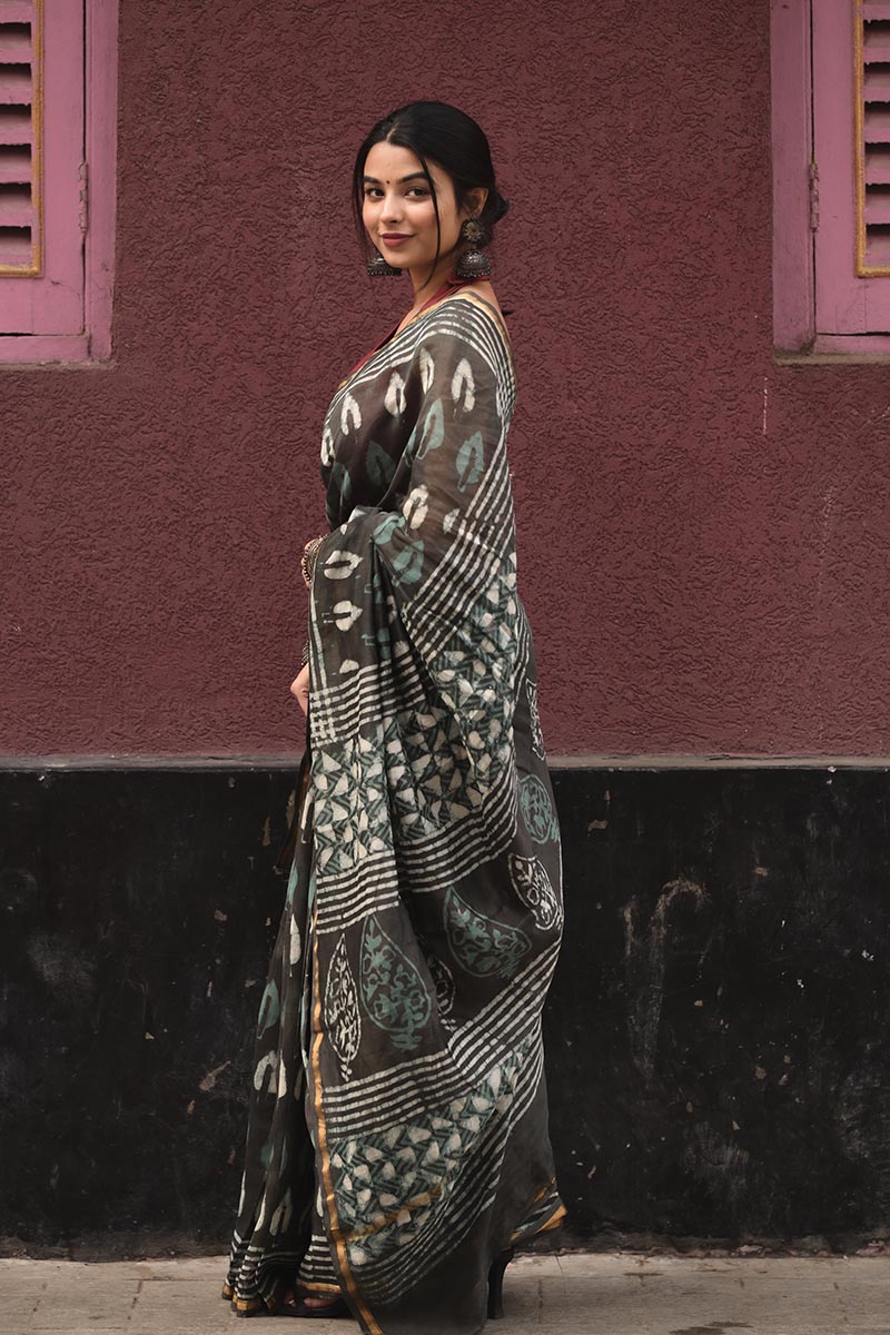 Grey & Green - Hand Block Print Chanderi Silk Bagru Saree