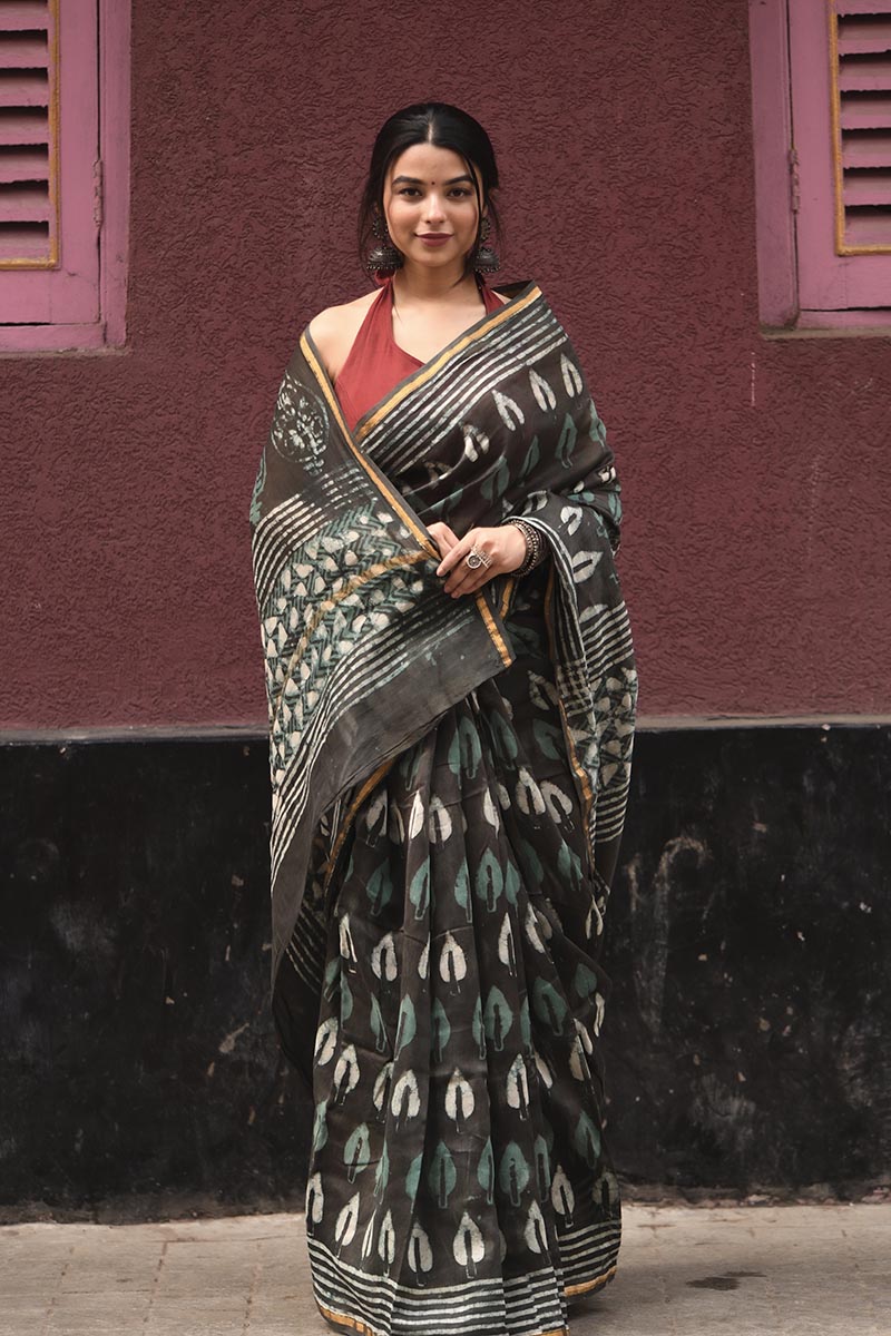 Grey & Green - Hand Block Print Chanderi Silk Bagru Saree