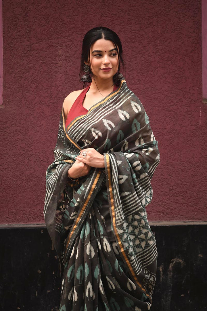 Grey & Green - Hand Block Print Chanderi Silk Bagru Saree