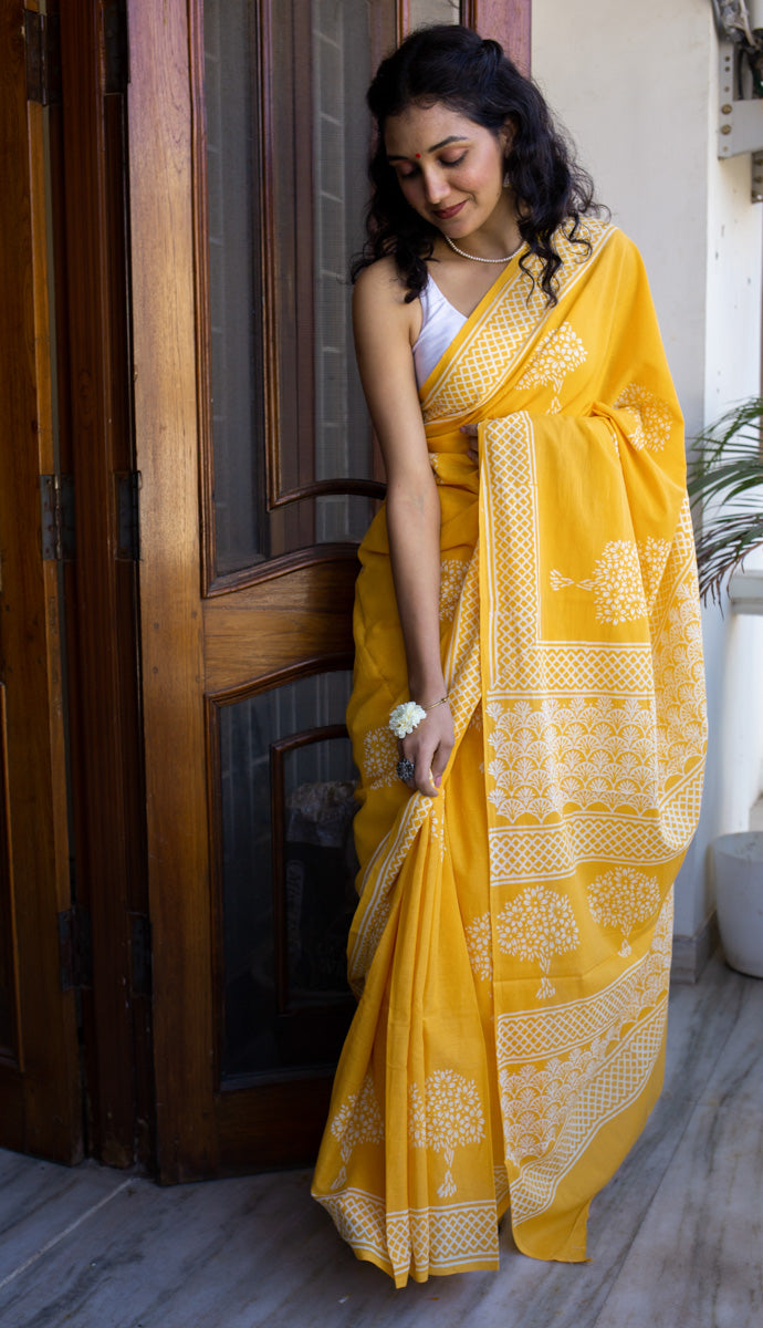 Haldi Yellow - Hand Block Print Mulmul Cotton Bagru Saree