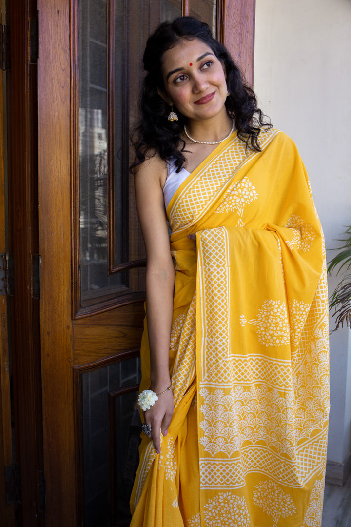 Haldi Yellow - Hand Block Print Mulmul Cotton Bagru Saree