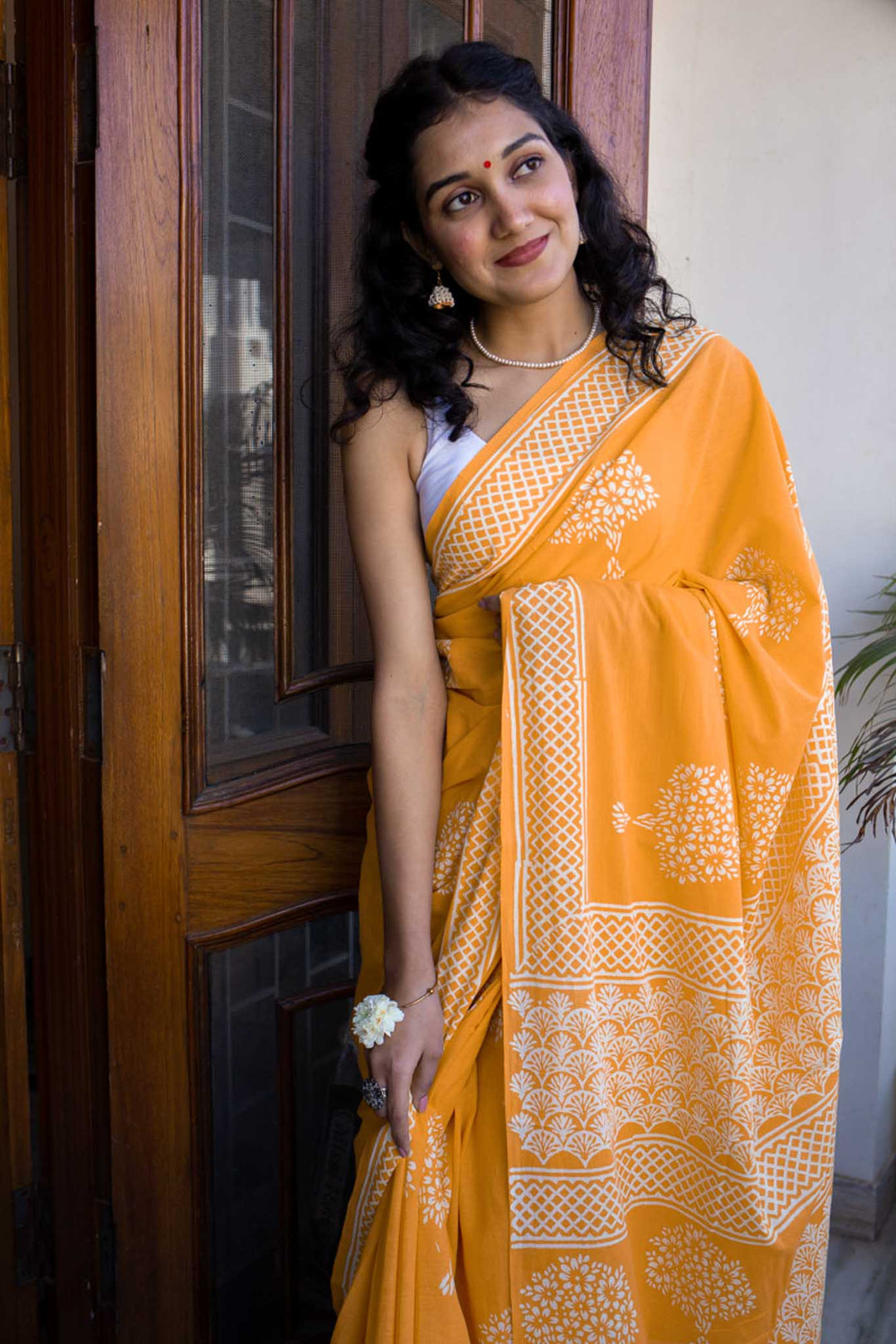 Haldi Yellow - Hand Block Print Mulmul Cotton Pre-stitched Ready to Wear Saree with Pocket