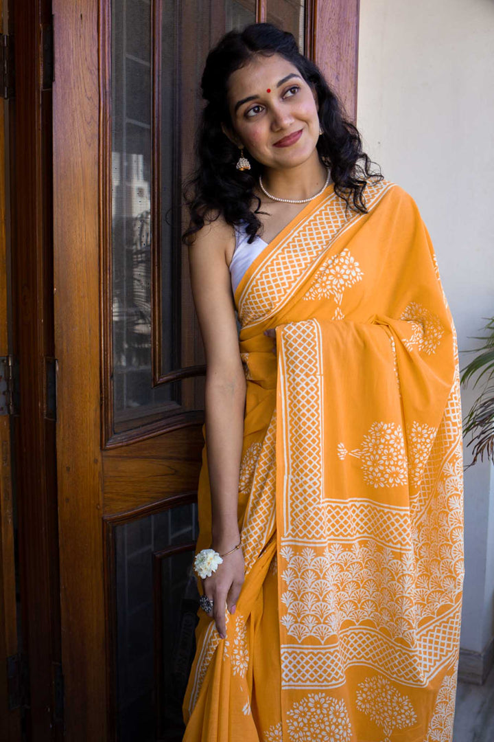 Haldi Yellow - Hand Block Print Mulmul Cotton Pre-stitched Ready to Wear Saree with Pocket
