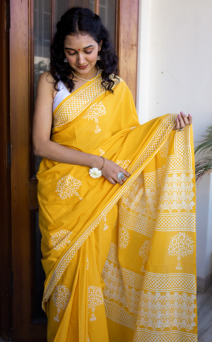 Haldi Yellow - Hand Block Bagru Print Cotton Saree Online – Moora