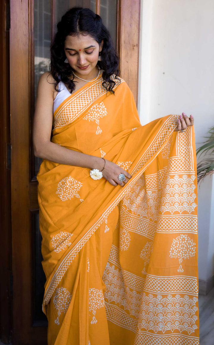 Haldi Yellow - Hand Block Print Mulmul Cotton Pre-stitched Ready to Wear Saree with Pocket