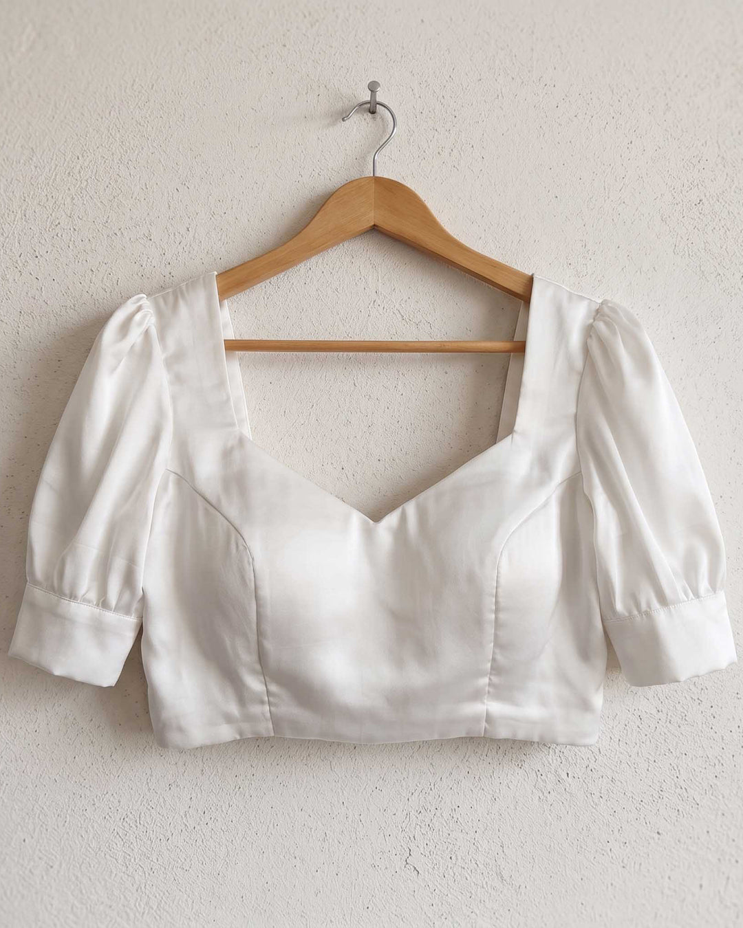Pearl White Satin Blouse with Puff Sleeves