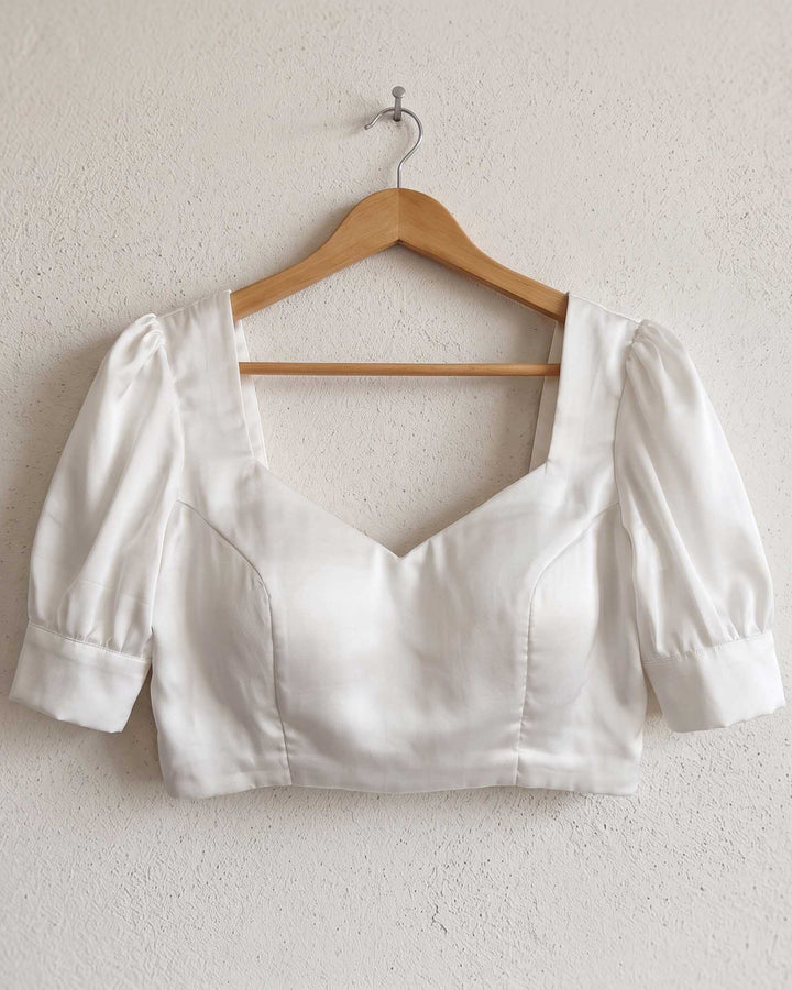Pearl White Satin Blouse with Puff Sleeves