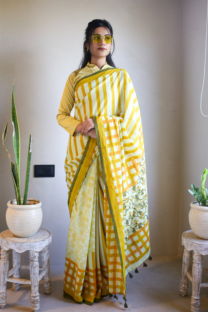 Honeyfields Hand Block Print Mulmul Cotton Saree