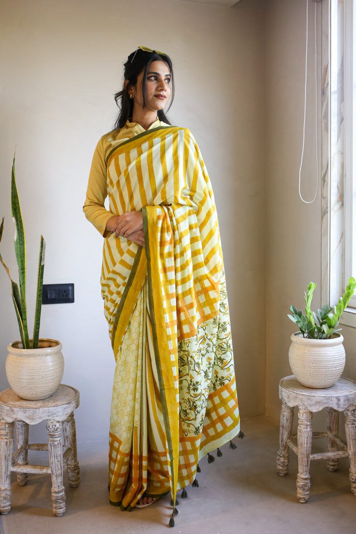 Honeyfields Hand Block Print Mulmul Cotton Saree