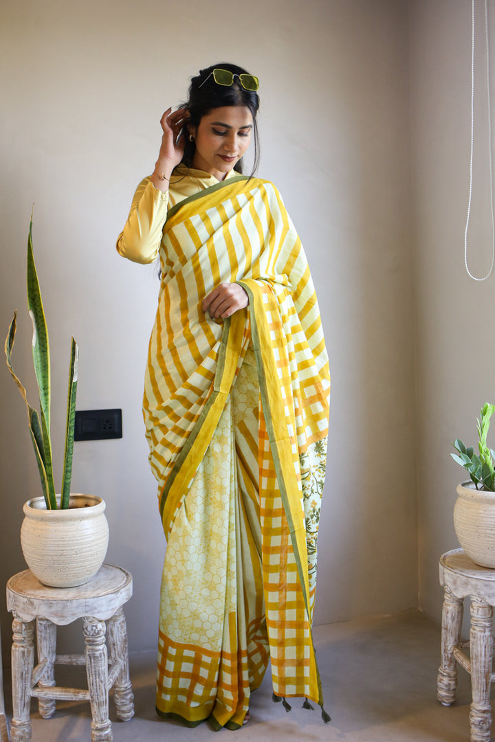 Honeyfields Hand Block Print Mulmul Cotton Saree