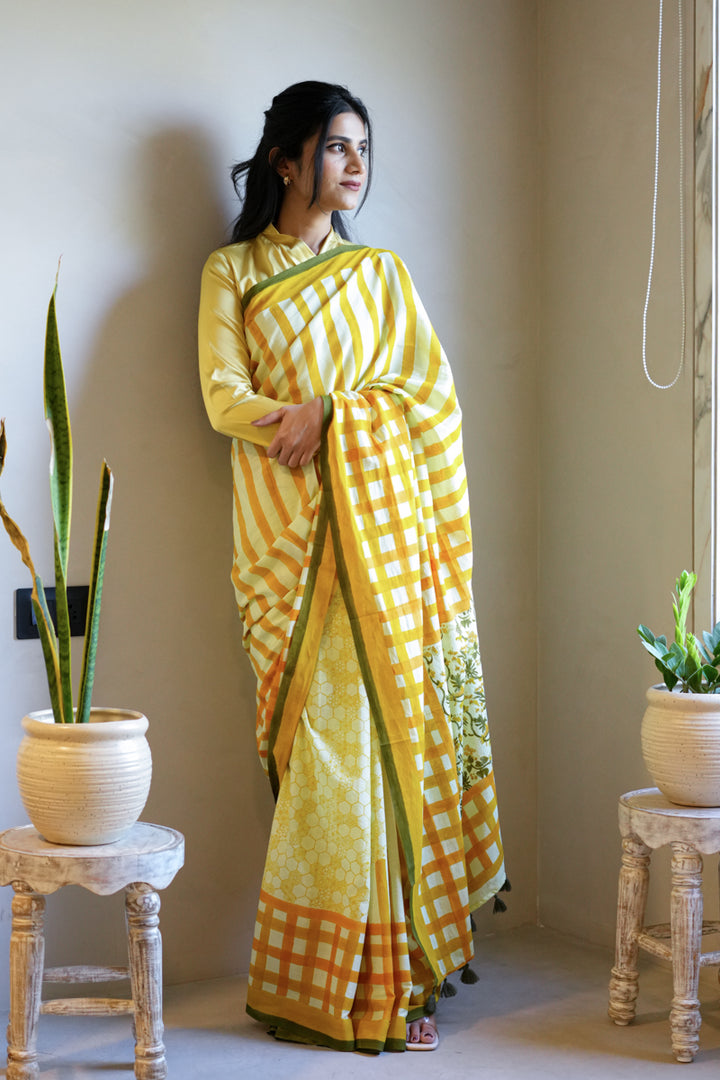 Honeyfields Hand Block Print Mulmul Cotton Saree
