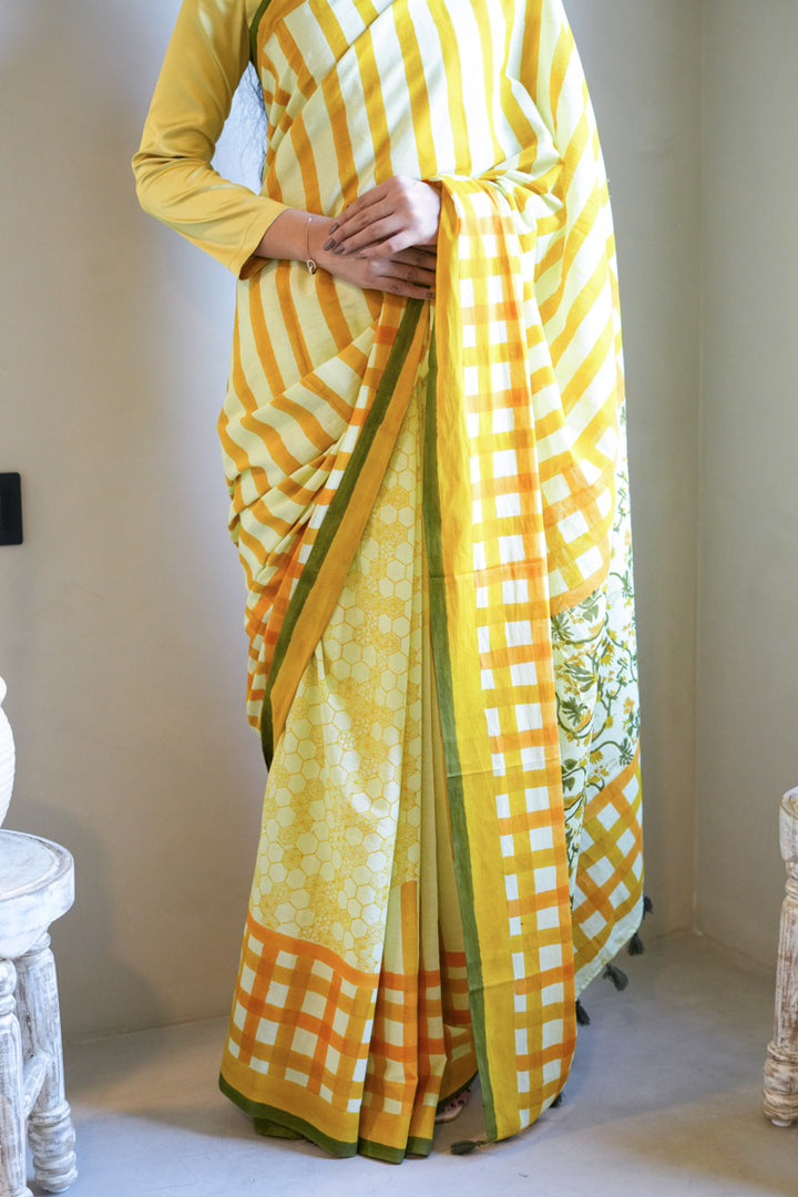 Honeyfields Hand Block Print Mulmul Cotton Saree