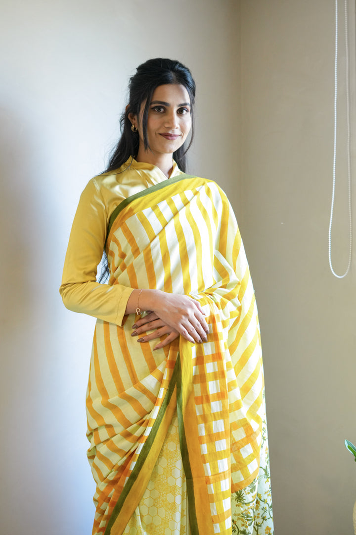 Honeyfields Hand Block Print Mulmul Cotton Saree