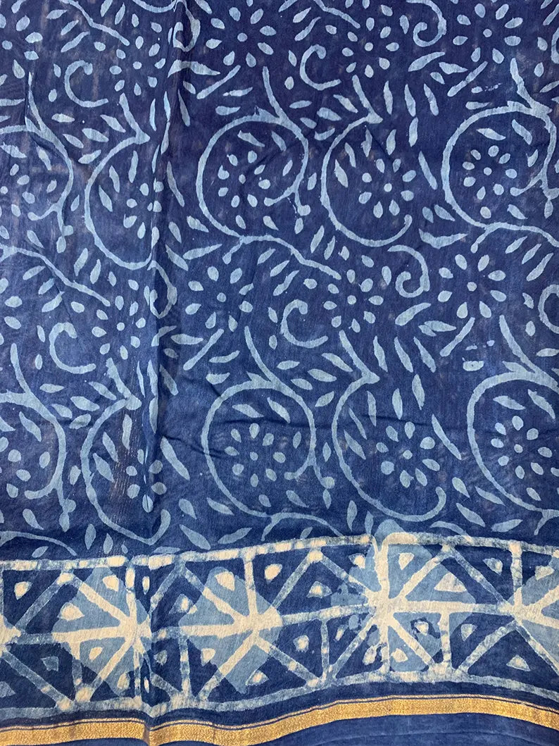 Latika - Indigo Dabu Hand Block Print Chanderi Silk Saree