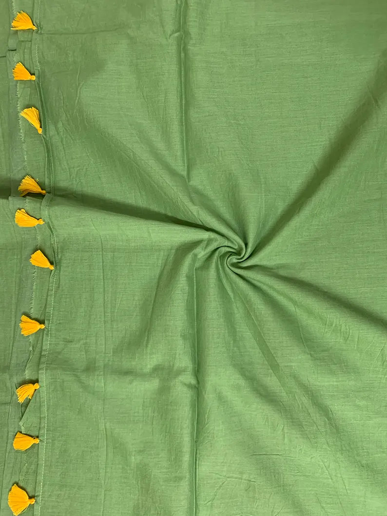 Fern Green - Mulmul Cotton Saree with Tassels