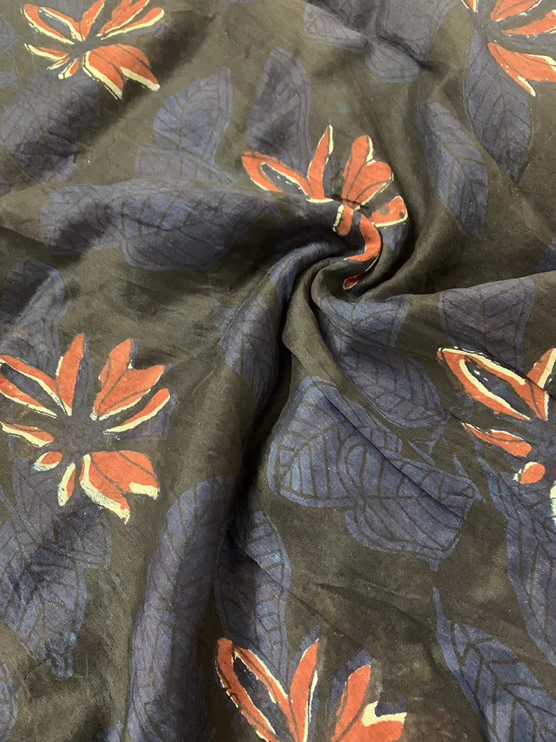 Night in my Garden - Hand Block Print Maheshwari Silk Saree