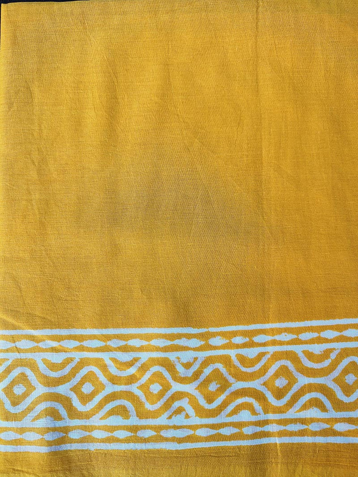 Dandelions in the Sky - Yellow Hand Block Print Mulmul Cotton Bagru Saree