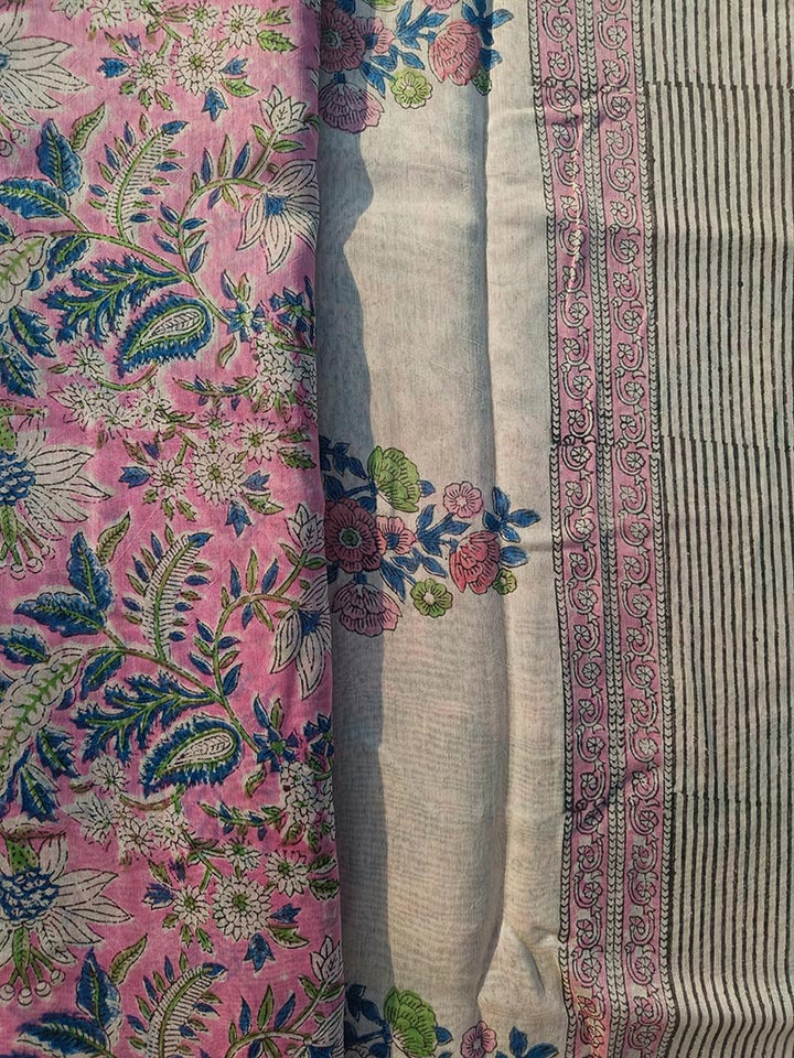 Bluebells - Pink Hand Block Print Chanderi Silk Saree